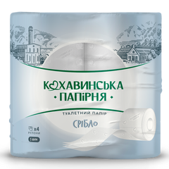 Папір туал. целюлоз. "Срібло", по 4 рул., на гільзі, 3-х шар., білий КОХАВИНКА