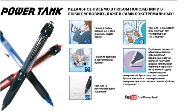 Ручка кульк. авт. uni POWER TANK 0.7мм, синя, Синій